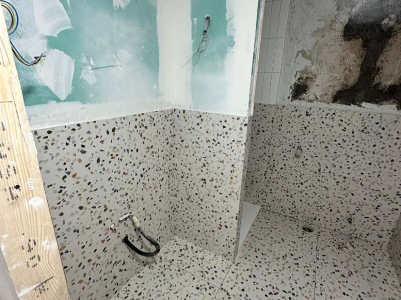 Estado previo de la zona de ducha con humedad y yeso degradado